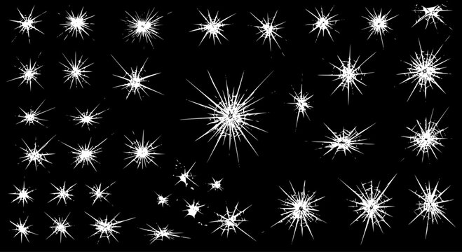 Vector set of white shattered glass cracks, starbursts, and breaking screen effects on a black background, perfect for overlays and textures.