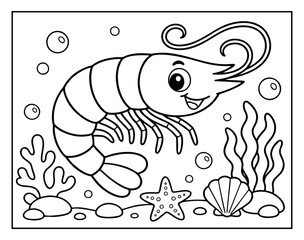 Fototapeta premium Cute shrimp cartoon illustration for children coloring page featuring underwater life with bubbles seaweed and a starfish character