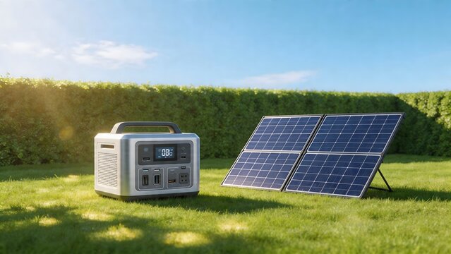 Portable solar power generator on grass