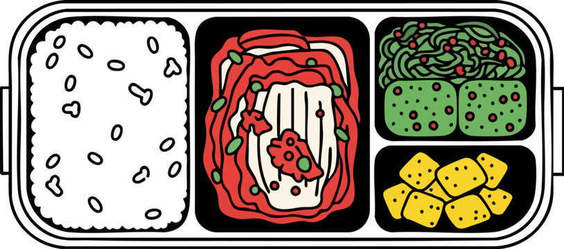 Korean bento box vector illustration, traditional dosirak meal with kimchi and rice, flat line art lunch container with side dishes