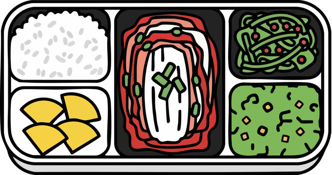 Korean Dosirak lunch box vector illustration, traditional bento meal with kimchi and rice, flat line art style Asian food container