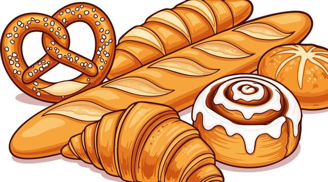 Bakery bread vector illustration set, golden brown baguette and croissant collection, fresh pretzel and cinnamon roll pastry icons for cafe menu