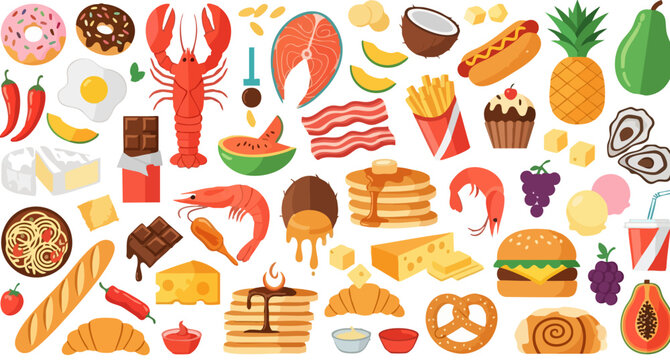 Flat food icons collection, colorful vector set of meal ingredients and snacks, diverse grocery and restaurant menu elements on white background