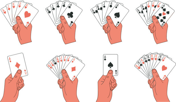 Set of human hands holding various playing card combinations including royal flush and aces isolated on white background for gambling concept cad drawing flat vector illustration.