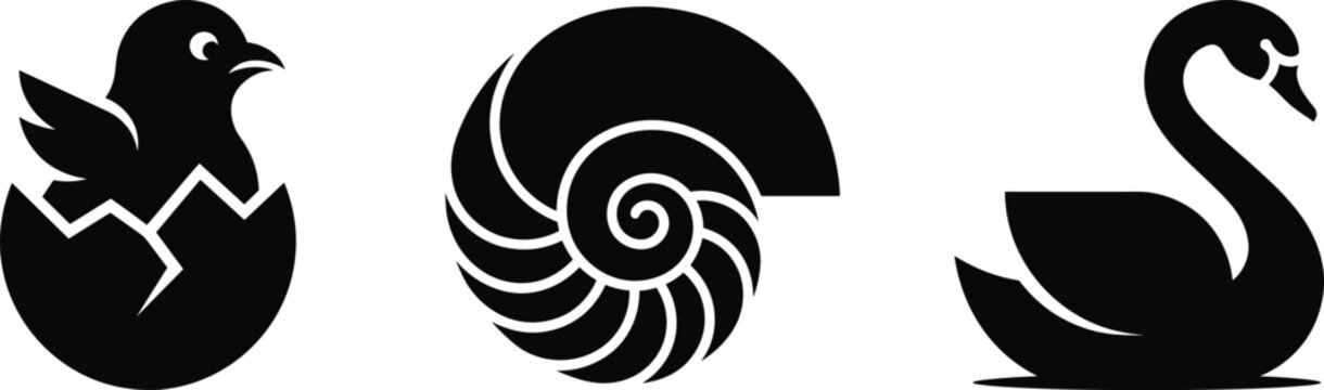 Chick, shell, and swan silhouette vector set symbolizing birth, growth, and elegance in life transformation design