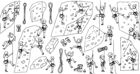 Hand-drawn line art set of diverse people rock climbing and bouldering on various walls, alongside essential climbing gear like ropes, harnesses, and chalk bags, in cartoon style. © gelos