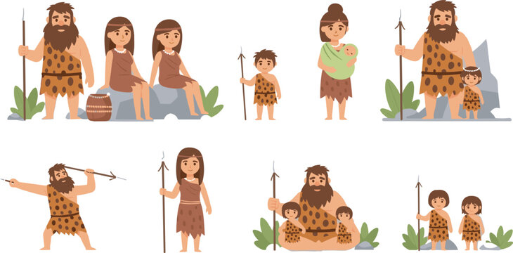 Set of cartoon caveman characters including prehistoric families with children hunters holding spears and mothers with babies isolated on white background cad drawing flat vector illustration.