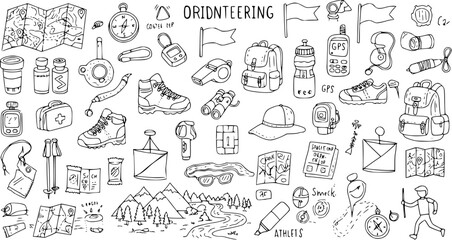 Hand-drawn doodle set of orienteering and outdoor adventure equipment, gear, and nature elements like mountains and rivers, suitable for sports and hiking. © gelos