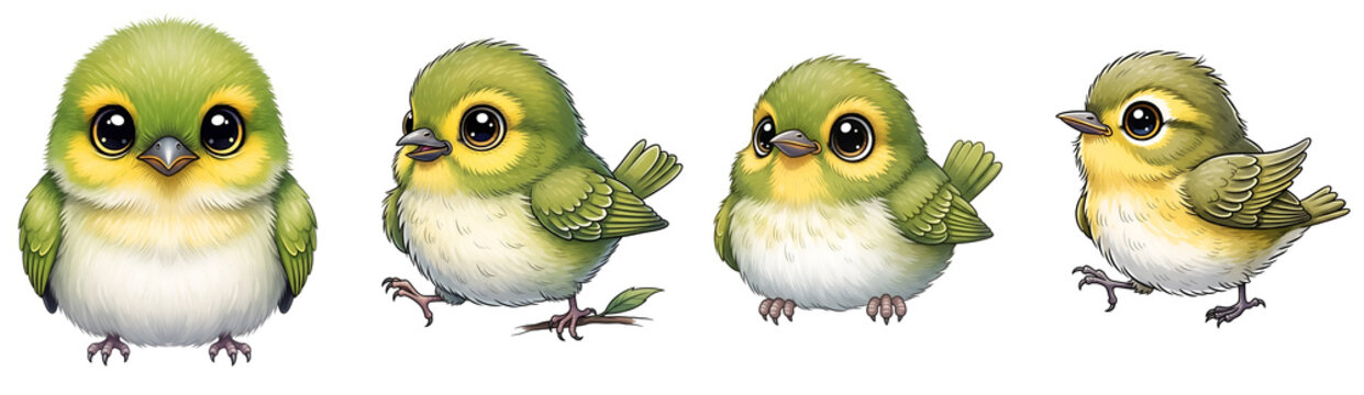 Four cute little green fluffy birds showing different poses and funny expressions rendered in a digital style on transparent background