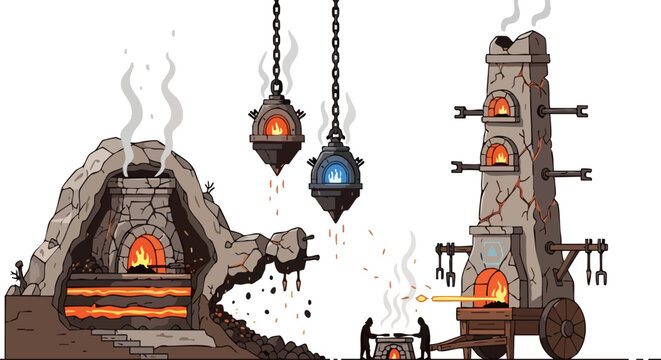 Medieval fantasy forge and stone furnace set, ancient blacksmith workshop elements, magical alchemy kiln and smelting oven vector illustrations