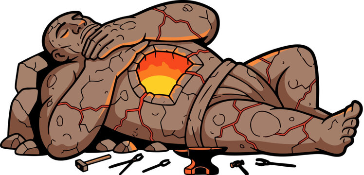 Mythological stone giant sleeping with furnace heart, ancient golem character with glowing lava core, fantasy colossus forge vector illustration