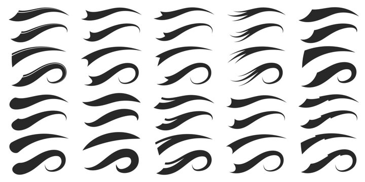 Baseball swoosh font elements. Underline tails for sport team logo. Vector brush stroke calligraphic design elements. Wavy stroke ribbons. Retro accent set on white background.
