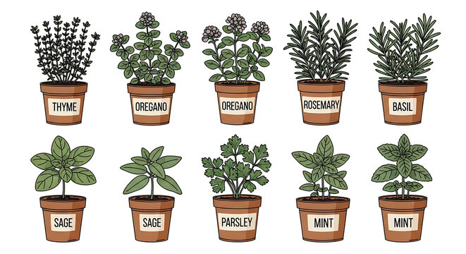 Collection of potted herb plants with labels, including basil, rosemary, thyme and oregano, on a white background, isolated