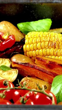 grilled vegetables with roasted corn and cherry tomatoes, healthy mediterranean roasted veggie platter with herbs