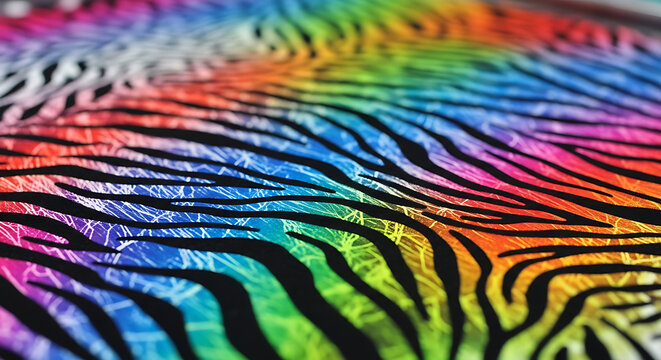 vibrant rainbow zebra print fabric texture, colorful animal pattern with black stripes, detailed macro view of textile design