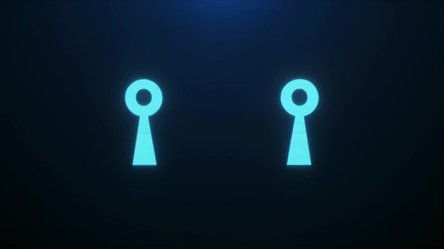 サイバー攻撃で歪む鍵穴アイコンのグリッチセキュリティ背景
