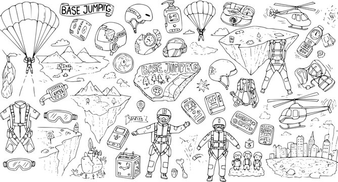 Hand-drawn doodle set of BASE jumping and skydiving elements: parachutes, jumpers, helmets, mountains, helicopters, and extreme sports equipment.