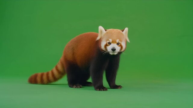 Red panda walking across bright green studio background.