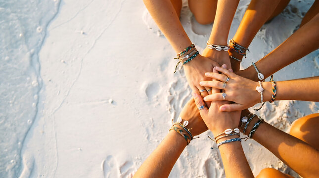 A close-up view of several hands stacked together on a pristine white sandy beach, adorned with various bracelets and rings, symbolizing unity and friendship.