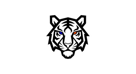 A stylized illustration of a tiger's head with striking blue and orange eyes. © Hari