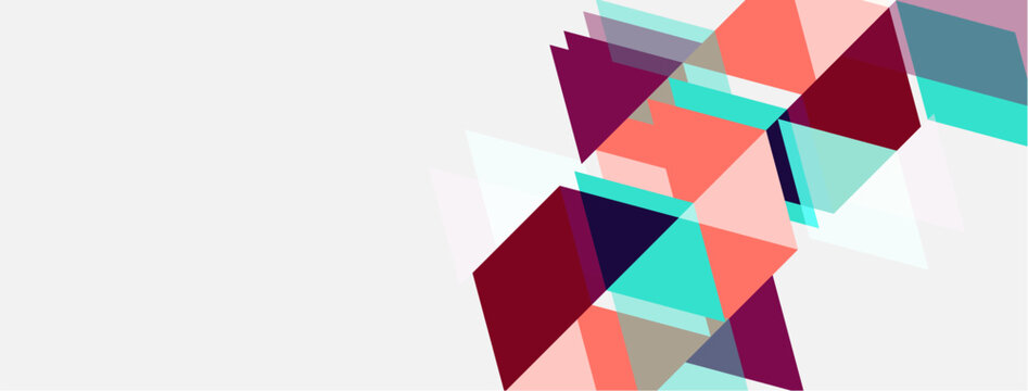 Abstract geometric shapes overlap, creating dynamic composition. Colors include teal, maroon, peach, plus white background. Minimalist design.