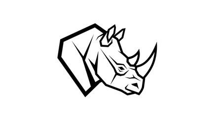 A stylized black and white illustration of a rhinoceros head with sharp lines and a bold outline. © Hari