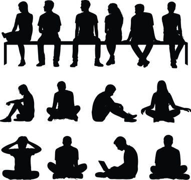 PrintSilhouette illustration of seated people, various sitting poses, bench figures, ground postures, ergonomic design artwork, human outline pattern, stock image collection
