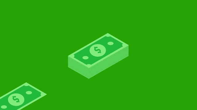 Animation of a stack of green dollar bills getting smaller, icon of stack of banknotes being divided alternately, concept of salary, income, business, green background, 4k video