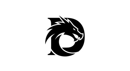 A striking black and white logo featuring a stylized letter D with a fierce dragon's head integrated into its design, showcasing a powerful and mythical creature. © Hari