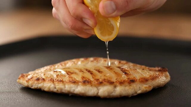 Squeezing lemon on grilled chicken.