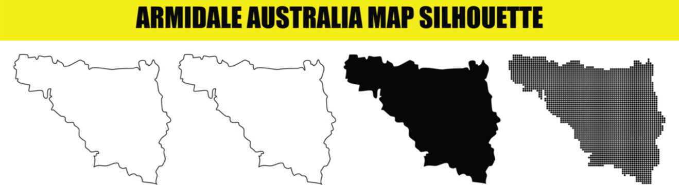 Armidale australia map silhouette collection with white outline solid black shape and dot halftone design for cartography.