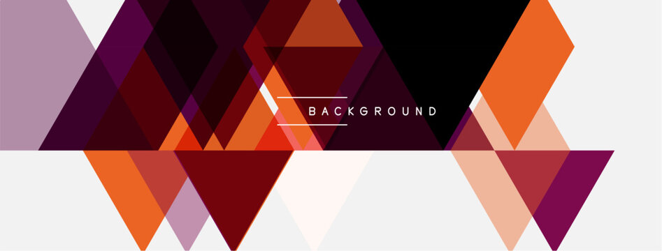 Abstract geometric shapes overlap, creating vibrant color blocks. Design features orange, purple, maroon hues on white space.