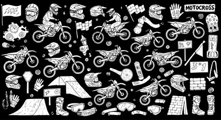 Motocross Doodle Art Pattern with Dirt Bikes, Rider, Helmets, Gear, Jumps, and Flags in Hand-Drawn Black and White Sketch Style © gelos