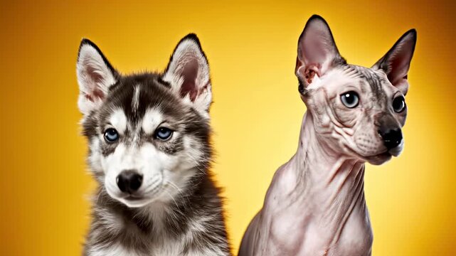 Unlikely Friends: Husky Puppy and Sphynx Cat Portrait
