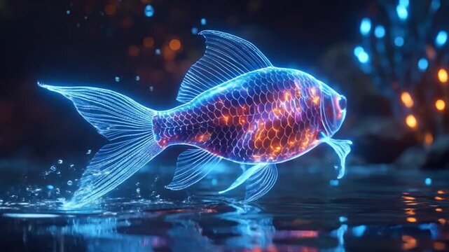 A glowing, digital fish swims in the water with bubbles around it