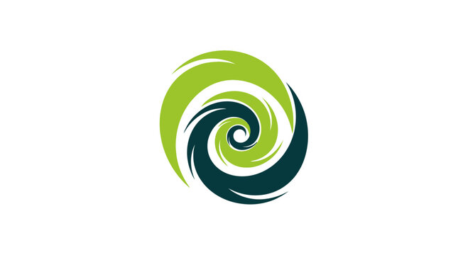 Abstract Spiraling Logo Design With Green and Dark Blue Hues on a White Background