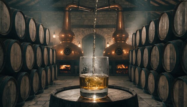 Whiskey pouring into glass in distillery aging cellar