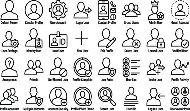 User account line icons set profile management and member login symbols for web UI