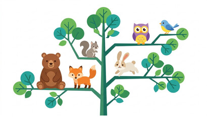 Minimal cartoon animals on tree vector illustration with forest wildlife flat educational design isolated on white © Joy