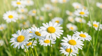 Fototapeta premium Beautiful white daisy flowers blooming in a vibrant green meadow under warm sunlight.