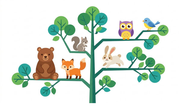Minimal cartoon animals on tree vector illustration with forest wildlife flat educational design isolated on white