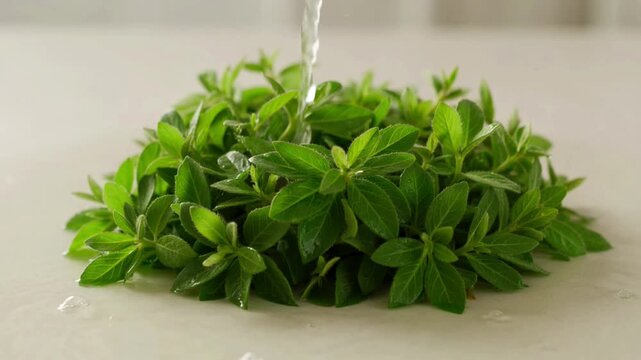Fresh parsley being watered indoors.