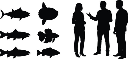 Black Silhouette Set of Various Fish Species and Business People Group Isolated on White Background © MdAsikul