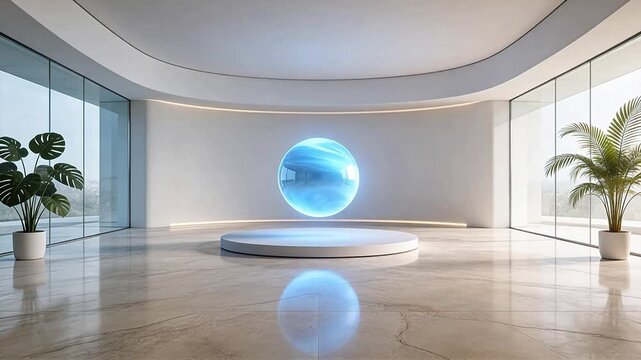 Modern room with glowing blue sphere