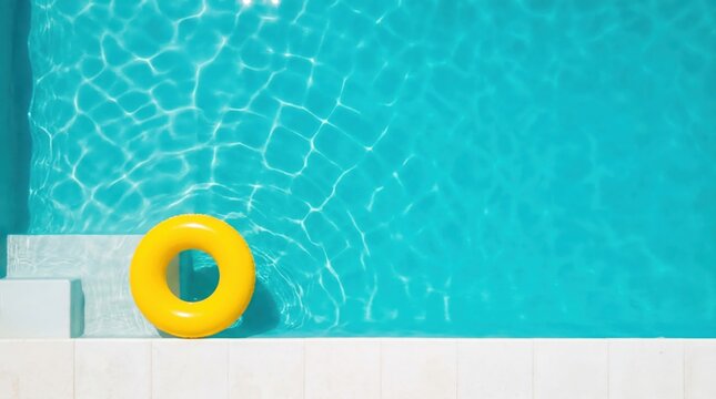 Bright yellow inflatable ring floating in clear blue swimming pool water during summer vacation.