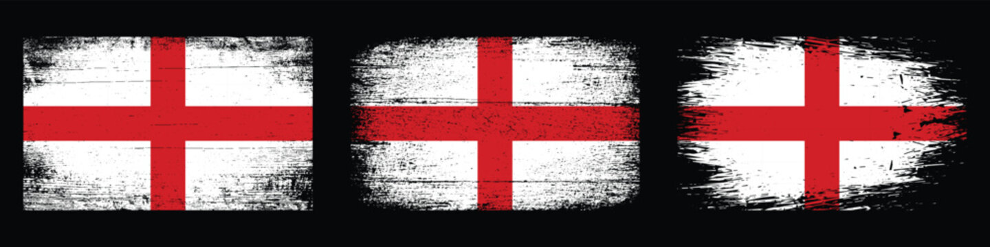 Three grunge textured English flags displayed side by side on a light black background.