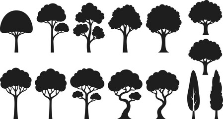 Collection of Various Black Tree Silhouettes with Different Shapes and Styles Isolated on White Background © MdAsikul
