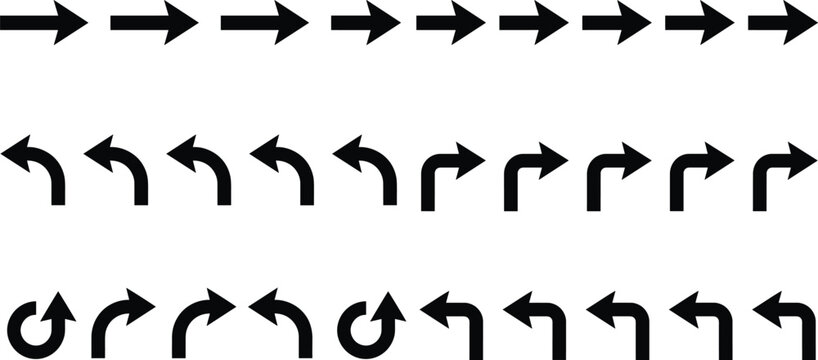 Large Collection of Black Arrow Icons Including Straight Curved Turning and Refresh Direction Symbols Set