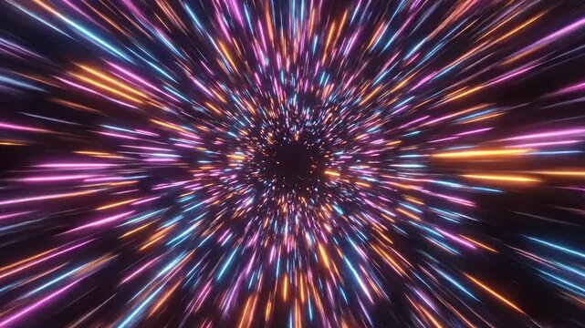 Abstract colorful light trails converging, simulating hyperspace or data speed