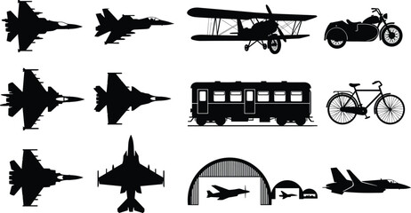 Black Silhouette Set of Military Jets Vintage Biplane Train Motorcycle Bicycle and Hangar Transportation Icons © MdAsikul